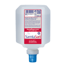 The 1,000 ml Dr. Schnell SAMTASAN dispenser bottle from DR.SCHNELL GmbH & Co. KGaA features a red-white German label, a blue nozzle, and is ideal for professional cleaning and use with cleaning tools.