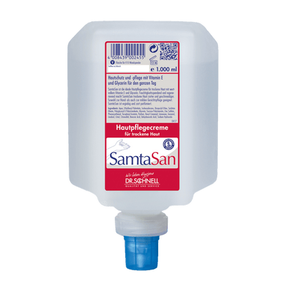 The 1,000 ml Dr. Schnell SAMTASAN dispenser bottle from DR.SCHNELL GmbH & Co. KGaA features a red-white German label, a blue nozzle, and is ideal for professional cleaning and use with cleaning tools.
