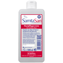 The 500 ml DR.SCHNELL GmbH & Co. KGaA Dr. Schnell SAMTASAN dispenser bottle is a white care cream for dry skin, with a flip-top cap and German label, ideal for professional cleaning and use with cleaning devices.