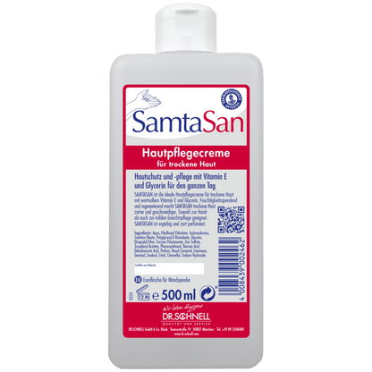 The 500 ml DR.SCHNELL GmbH & Co. KGaA Dr. Schnell SAMTASAN dispenser bottle is a white care cream for dry skin, with a flip-top cap and German label, ideal for professional cleaning and use with cleaning devices.