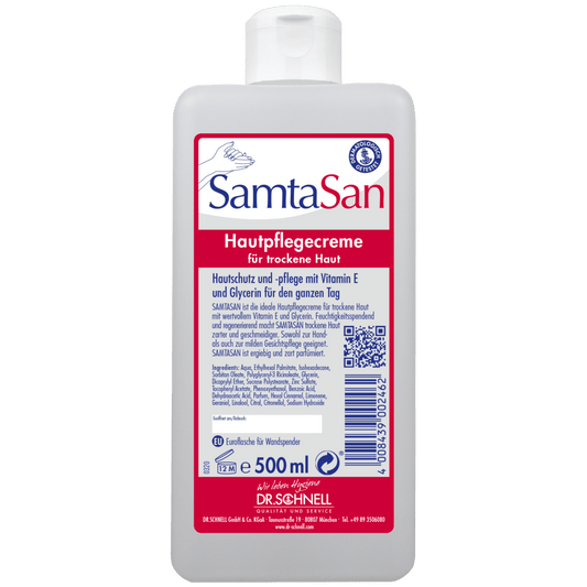 The 500 ml DR.SCHNELL GmbH & Co. KGaA Dr. Schnell SAMTASAN dispenser bottle is a white care cream for dry skin, with a flip-top cap and German label, ideal for professional cleaning and use with cleaning devices.