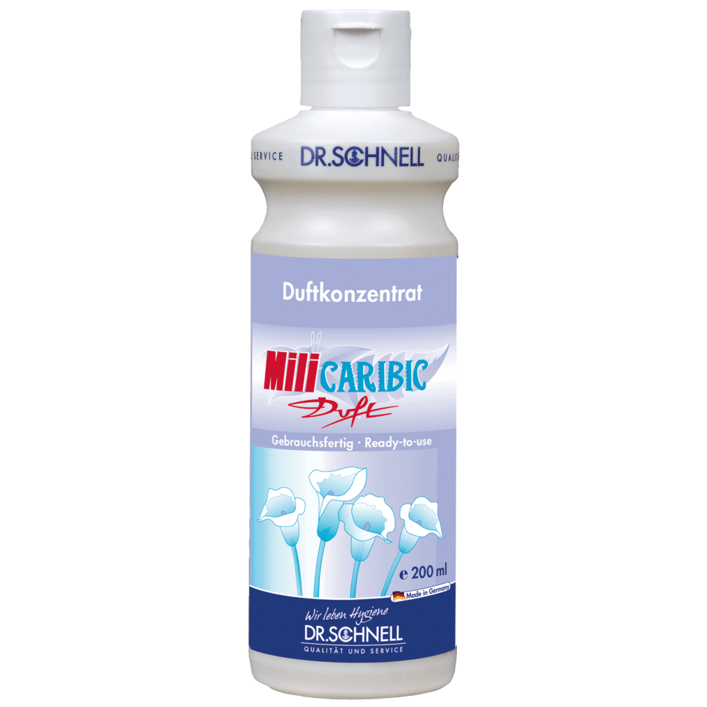 A 200 ml bottle Dr. Schnell MILI CARIBIC SCENT Room Fresh Summer Breeze, a ready-to-use fragrance concentrate from DR.SCHNELL GmbH & Co. KGaA, with a blue label featuring cotton blossom motifs and German text.