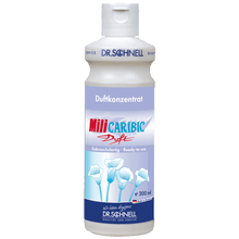 A 200 ml bottle Dr. Schnell MILI CARIBIC SCENT Room Fresh Summer Breeze, a ready-to-use fragrance concentrate from DR.SCHNELL GmbH & Co. KGaA, with a blue label featuring cotton blossom motifs and German text.