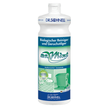 A 1L bottle of DR.SCHNELL MR.MINT Probiotic Cleaner and Odor Eliminator for rooms by DR.SCHNELL GmbH & Co. KGaA, with a green-white label featuring a green mop bucket on a tiled floor.