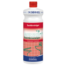The white plastic bottle with a red cap and the inscription "Dr. Schnell MULTICID sanitary cleaner" in green and red lettering from DR.SCHNELL GmbH & Co. KGaA, is ideal as an effective sanitary cleaner for thorough bathroom cleaning.