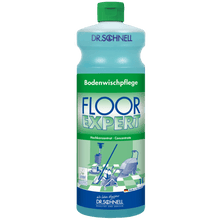 A green-blue bottle of DR.SCHNELL GmbH & Co. KGaA Dr. Schnell FLOOR EXPERT floor cleaner concentrate shows a German text on the label and images of people cleaning floors.