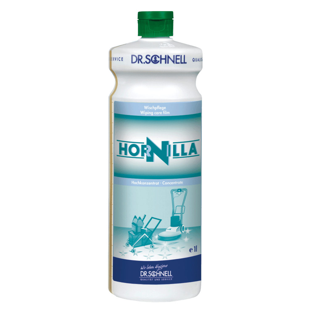 A white 1-liter bottle of Dr. Schnell HORNILLA from DR.SCHNELL GmbH & Co. KGaA, with a green cap, blue and blue-green label with images of cleaning equipment, developed for powerful professional cleaning.