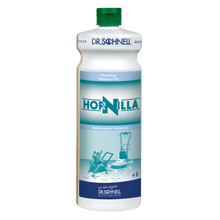 A white 1-liter bottle of Dr. Schnell HORNILLA from DR.SCHNELL GmbH & Co. KGaA, with a green cap, blue and blue-green label with images of cleaning equipment, developed for powerful professional cleaning.