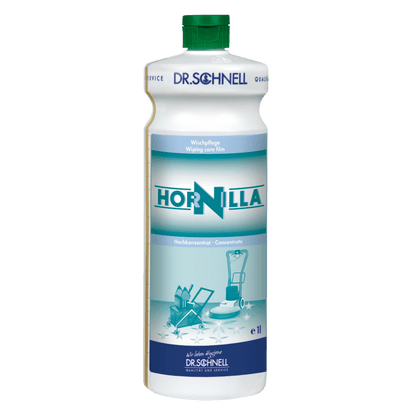 A white 1-liter bottle of Dr. Schnell HORNILLA from DR.SCHNELL GmbH & Co. KGaA, with a green cap, blue and blue-green label with images of cleaning equipment, developed for powerful professional cleaning.