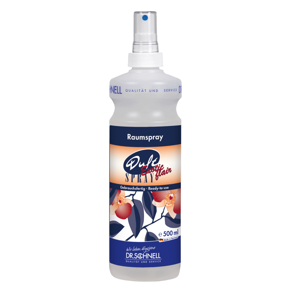 A 500ml bottle of DR.SCHNELL DUFTSPRAY EXOTIC FLAIR from DR.SCHNELL GmbH & Co. KGaA, ideal for oriental room freshness in building cleaning, depicted with a floral blue-white label and a clear spray head on a white background.