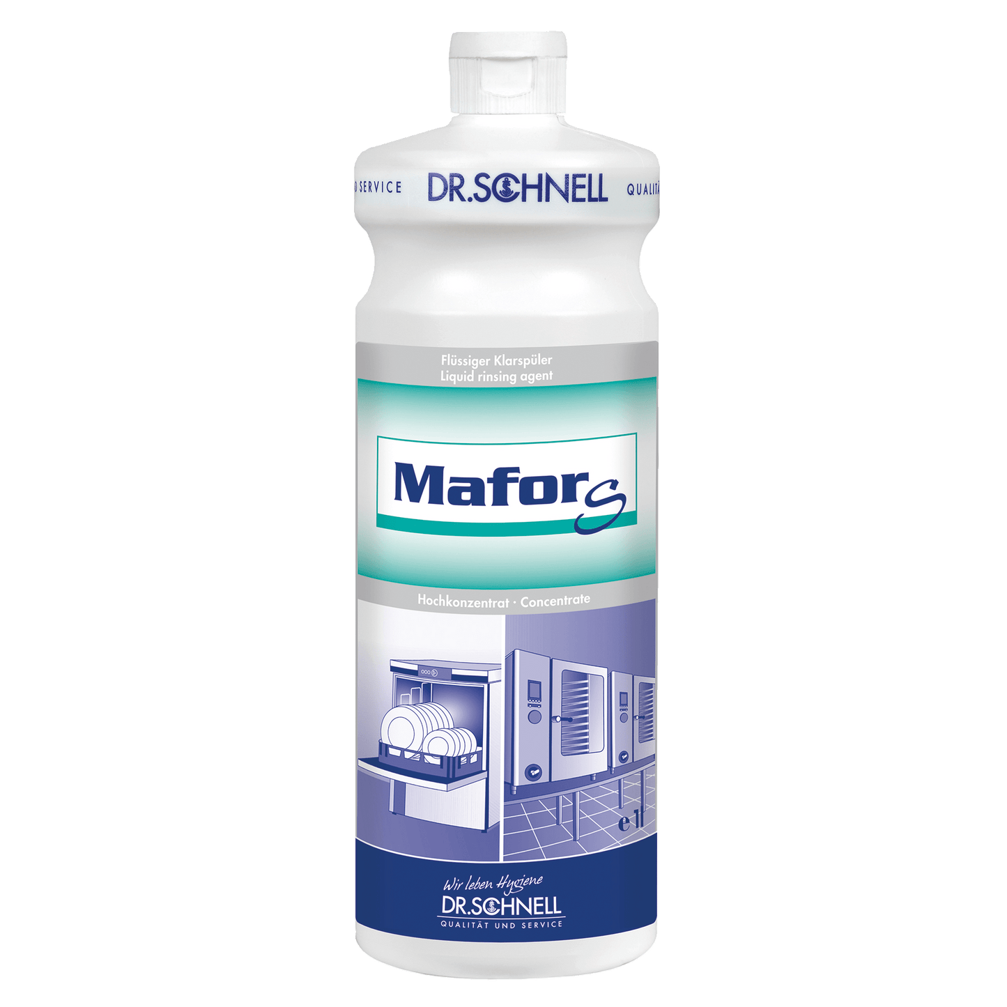 A white plastic bottle Dr. Schnell MAFOR EVO S rinse aid for dishwashers from DR.SCHNELL GmbH & Co. KGaA with blue and green lettering, with images of dishwashers for streak-free drying and lime prevention.