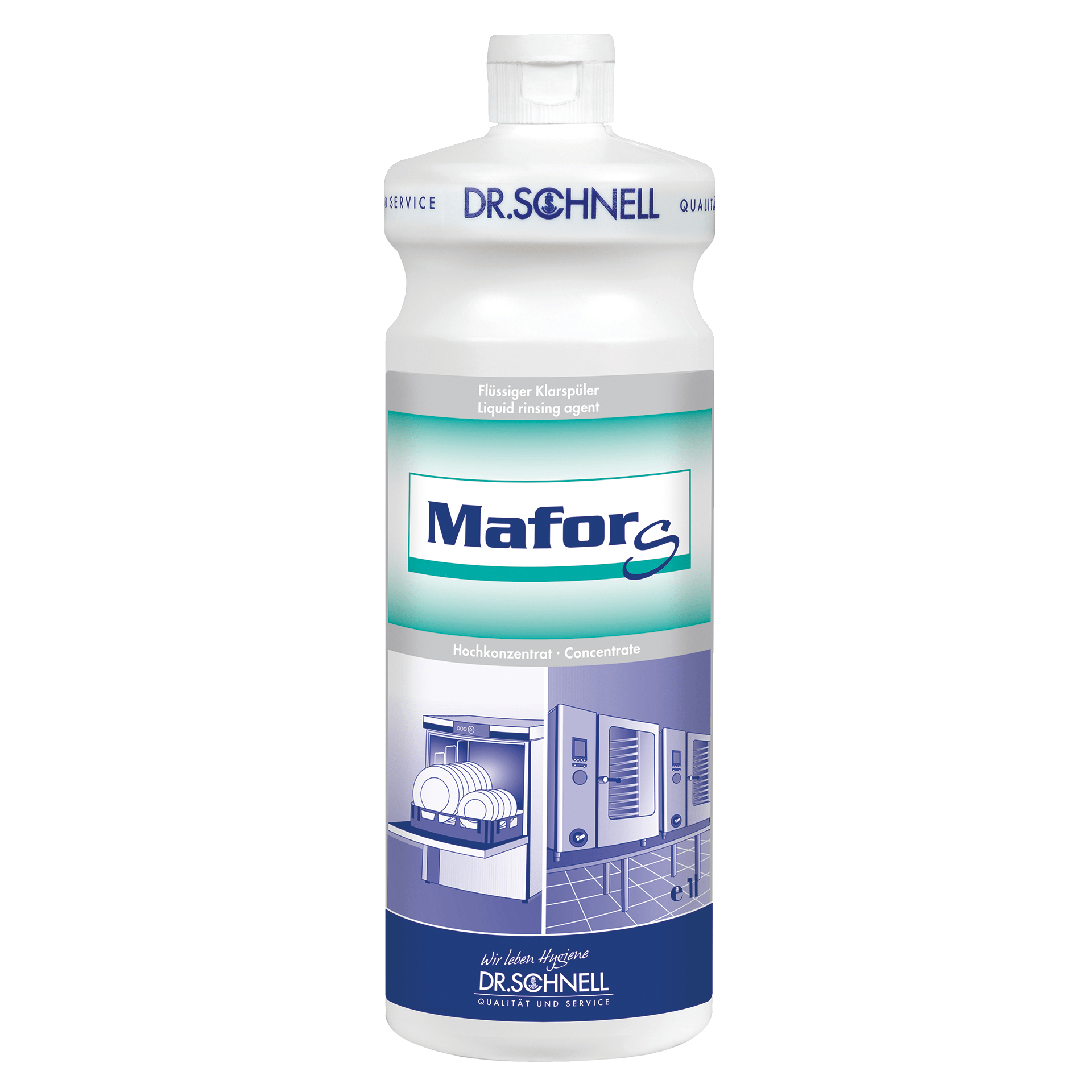 A white plastic bottle Dr. Schnell MAFOR EVO S rinse aid for dishwashers from DR.SCHNELL GmbH & Co. KGaA with blue and green lettering, with images of dishwashers for streak-free drying and lime prevention.