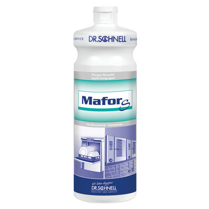 A white plastic bottle Dr. Schnell MAFOR EVO S rinse aid for dishwashers from DR.SCHNELL GmbH & Co. KGaA with blue and green lettering, with images of dishwashers for streak-free drying and lime prevention.