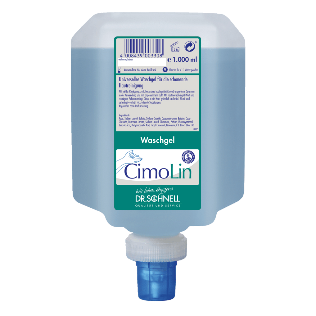 A 1,000 ml Dr. Schnell CIMOLIN dispenser bottle skin cleansing from DR.SCHNELL GmbH & Co. KGaA, blue wash gel with a white-blue label and dispenser cap, for gentle skin care and cleansing.