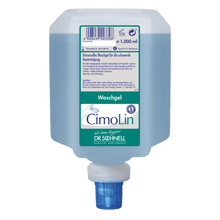 A 1,000 ml Dr. Schnell CIMOLIN dispenser bottle skin cleansing from DR.SCHNELL GmbH & Co. KGaA, blue wash gel with a white-blue label and dispenser cap, for gentle skin care and cleansing.