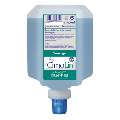 A 1,000 ml Dr. Schnell CIMOLIN dispenser bottle skin cleansing from DR.SCHNELL GmbH & Co. KGaA, blue wash gel with a white-blue label and dispenser cap, for gentle skin care and cleansing.