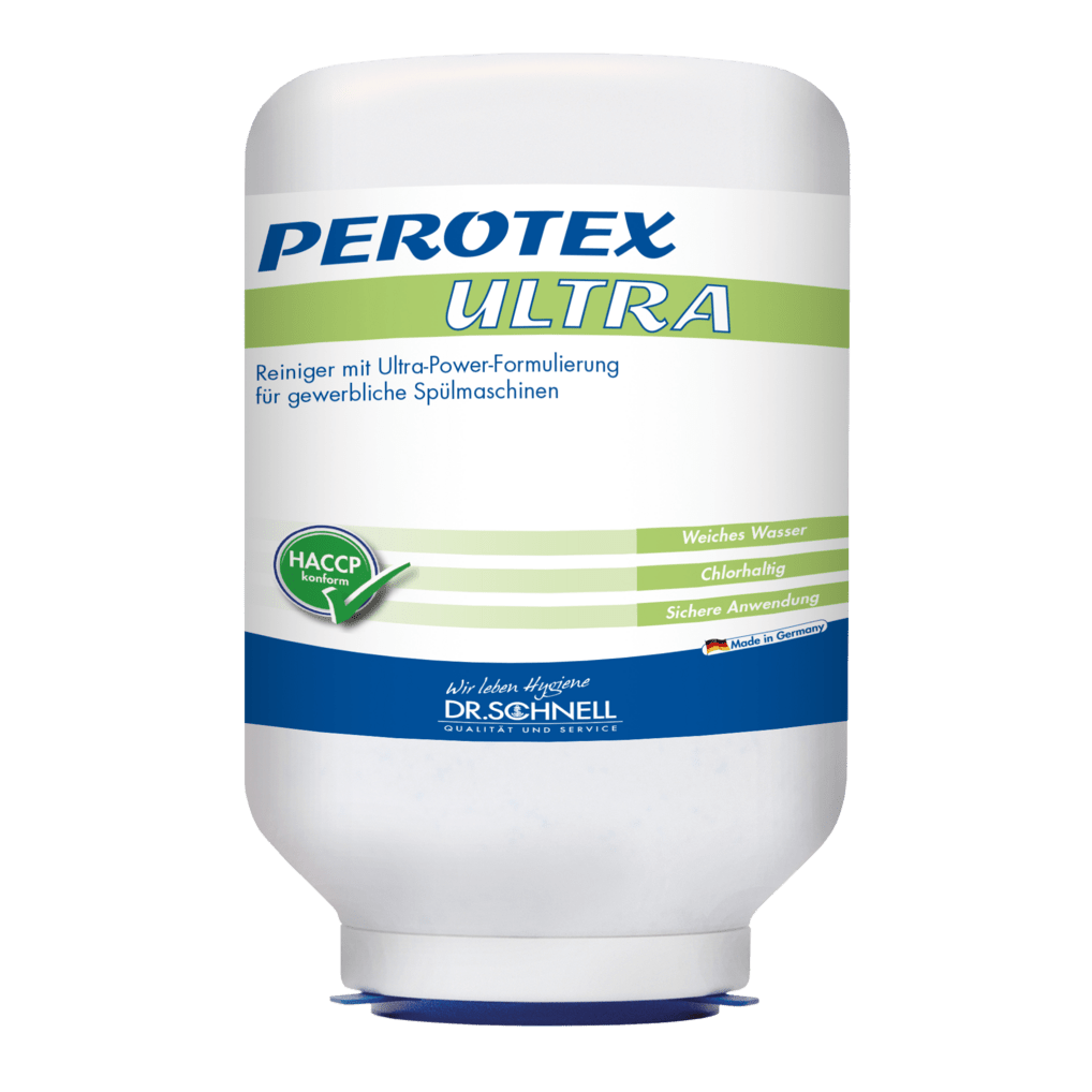 A large white 3 kg cartridge Dr. Schnell PEROTEX ULTRA dishwashing detergent for commercial dishwashers, containing chlorine, by DR.SCHNELL GmbH & Co. KGaA, is accented with blue and green highlights and displays the HACCP certification.