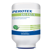 A large white 3 kg cartridge Dr. Schnell PEROTEX ULTRA dishwashing detergent for commercial dishwashers, containing chlorine, by DR.SCHNELL GmbH & Co. KGaA, is accented with blue and green highlights and displays the HACCP certification.