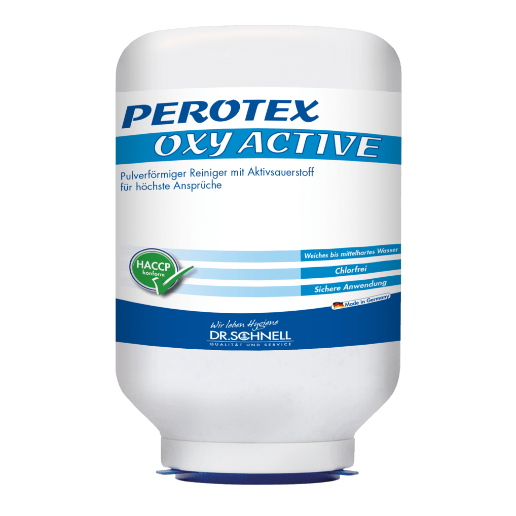 A white 3 kg cartridge labeled "PEROTEX OXY ACTIVE" from DR.SCHNELL GmbH & Co. KGaA is a professional dishwashing detergent with active oxygen, HACCP certification, and German instructions for commercial machines.