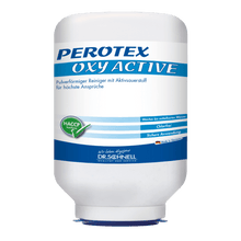 A white 3 kg cartridge labeled "PEROTEX OXY ACTIVE" from DR.SCHNELL GmbH & Co. KGaA is a professional dishwashing detergent with active oxygen, HACCP certification, and German instructions for commercial machines.