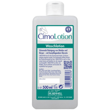 The Dr. Schnell CIMOLOTION dispenser bottles from DR.SCHNELL GmbH & Co. KGaA is a 500 ml large white washing lotion with a flip-top cap, blue-green label, and German inscription, offering hygienic dosing - ideal for gentle hand and body cleansing in skincare.