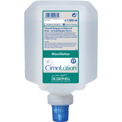 The 1000 ml Dr. Schnell CIMOLOTION dispenser bottles from DR.SCHNELL GmbH & Co. KGaA are characterized by a blue label, a dispenser cap for hygienic dosing, and a glycerin-enriched formula for gentle cleansing of hands and body - ideal for skincare.