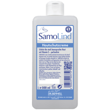 A 500 ml bottle Dr. Schnell SAMOLIND skin protection by DR.SCHNELL GmbH & Co. KGaA with blue-white labeling, product details, barcode, QR code, and text about skin protection with Vitamin E for professional use.
