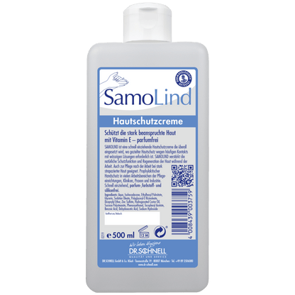 A 500 ml bottle Dr. Schnell SAMOLIND skin protection by DR.SCHNELL GmbH & Co. KGaA with blue-white labeling, product details, barcode, QR code, and text about skin protection with Vitamin E for professional use.