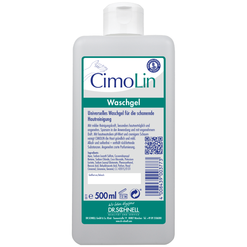 A 500 ml Dr. Schnell CIMOLIN dispenser bottle skin cleansing from DR.SCHNELL GmbH & Co. KGaA stands upright, has a predominantly white label with blue-green accents, a QR code, and a blue cap.