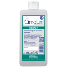 A 500 ml Dr. Schnell CIMOLIN dispenser bottle skin cleansing from DR.SCHNELL GmbH & Co. KGaA stands upright, has a predominantly white label with blue-green accents, a QR code, and a blue cap.