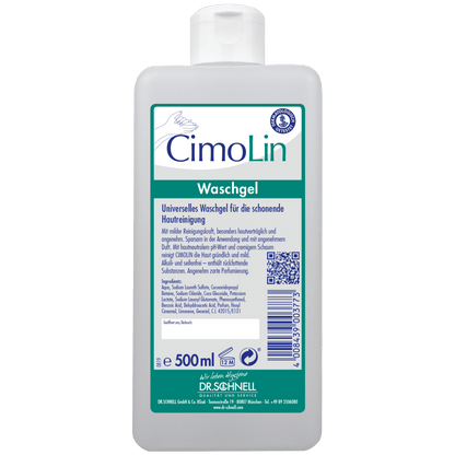A 500 ml Dr. Schnell CIMOLIN dispenser bottle skin cleansing from DR.SCHNELL GmbH & Co. KGaA stands upright, has a predominantly white label with blue-green accents, a QR code, and a blue cap.