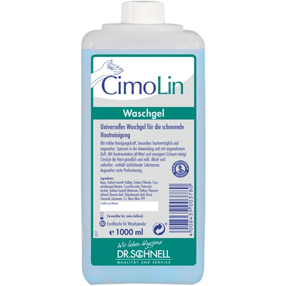 A 1000 ml Dr. Schnell CIMOLIN dispenser bottle skin cleansing from DR.SCHNELL GmbH & Co. KGaA, for gentle skin care and effective cleansing, is equipped with a blue-white German label and a white cap.