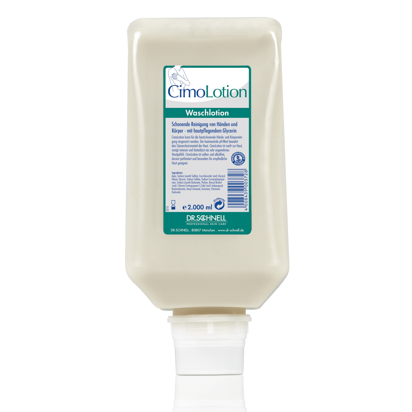 A rectangular 2,000 ml cream-colored Dr. Schnell CIMOLOTION dispenser bottle from DR.SCHNELL GmbH & Co. KGaA features a blue-green "CimoLotion Waschlotion" label with the inscription "Hygienic Dosing" and "Skincare Products" in German.