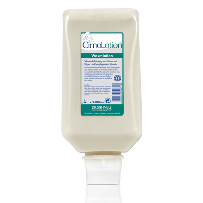 A rectangular 2,000 ml cream-colored Dr. Schnell CIMOLOTION dispenser bottle from DR.SCHNELL GmbH & Co. KGaA features a blue-green "CimoLotion Waschlotion" label with the inscription "Hygienic Dosing" and "Skincare Products" in German.