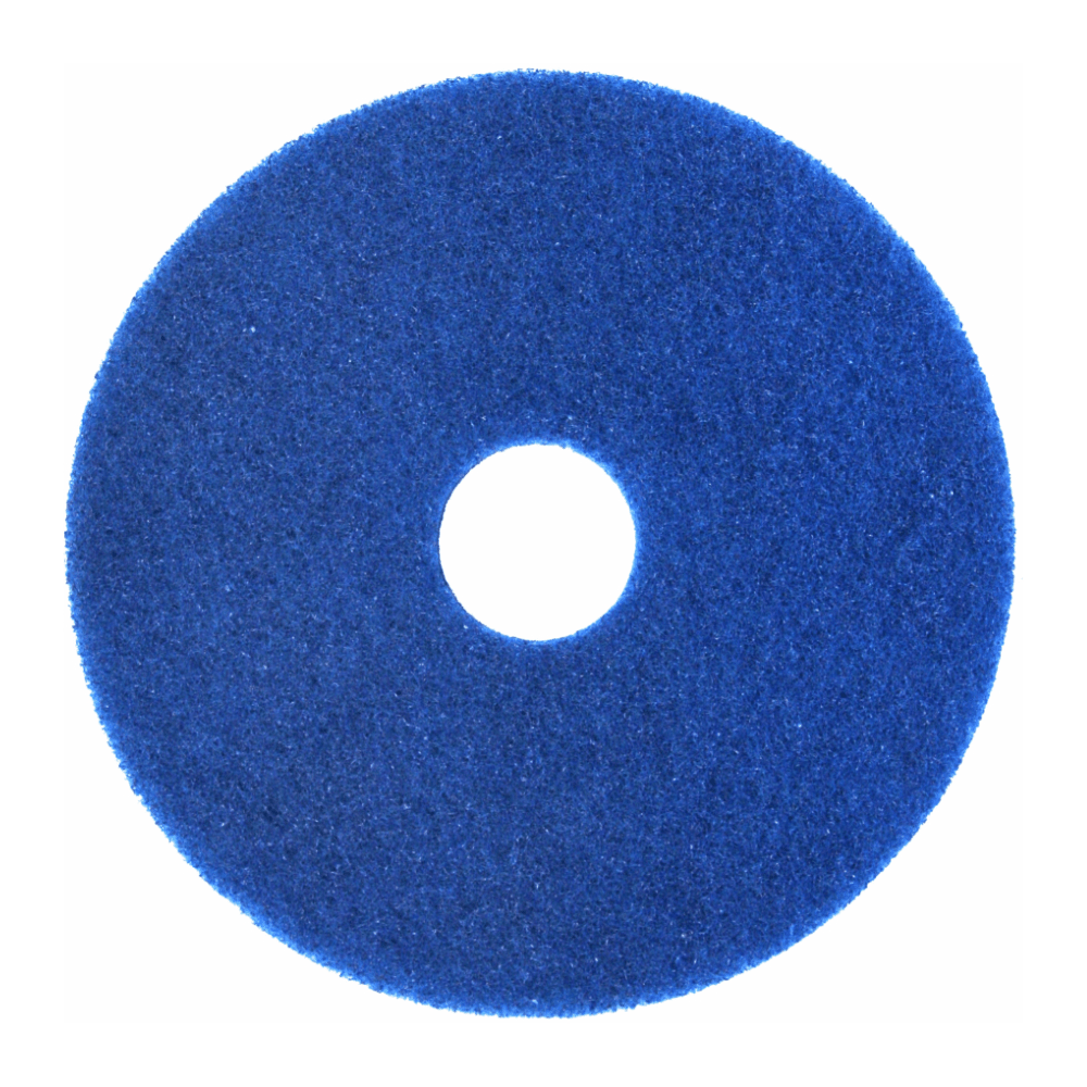 A blue, round Arcora Superpad Blue cleaning pad from Arcora International GmbH with a rough surface and center hole, designed for use on sensitive floor coverings, depicted against a white background.