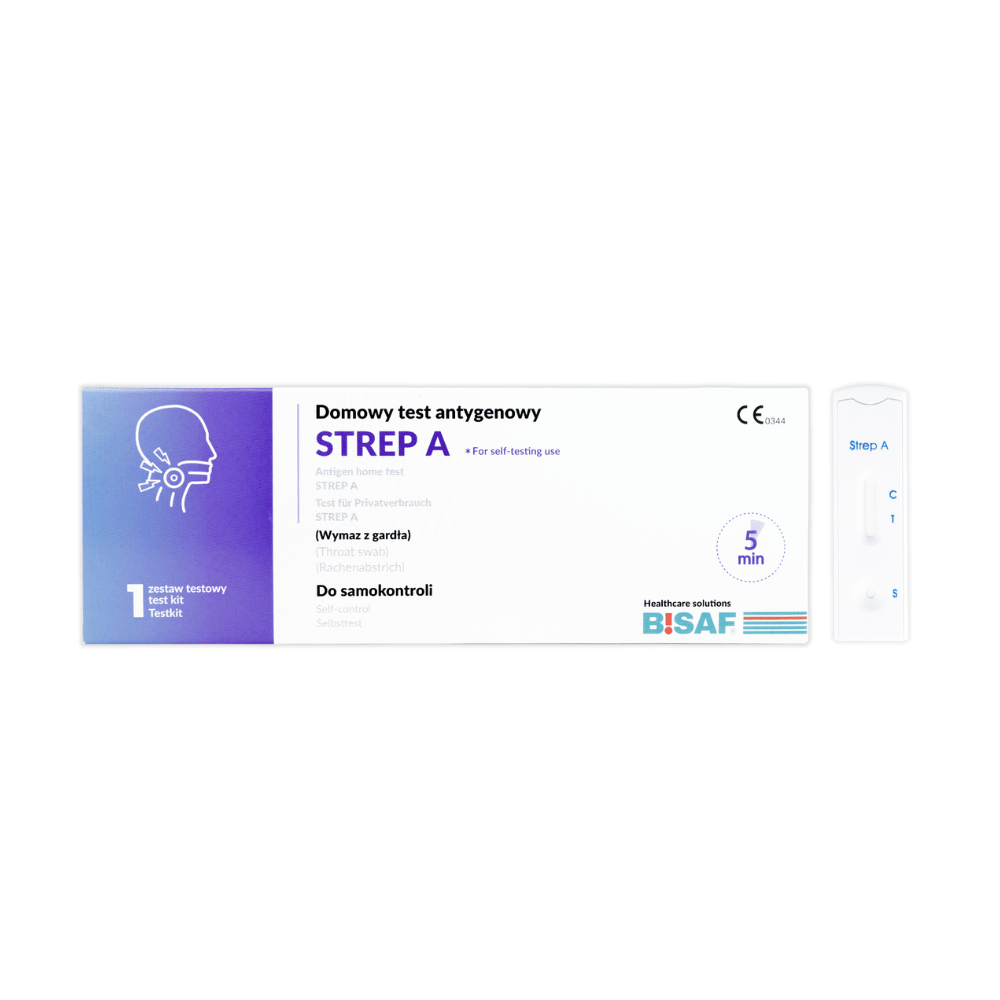 A rectangular box labeled "Strep A - Bisaf Self-Test | Pack (1 piece)" by Altruan, containing Polish instructions, a diagram of the head and throat, and a Strep A test cassette. The BISAF logo is located in the lower right corner.