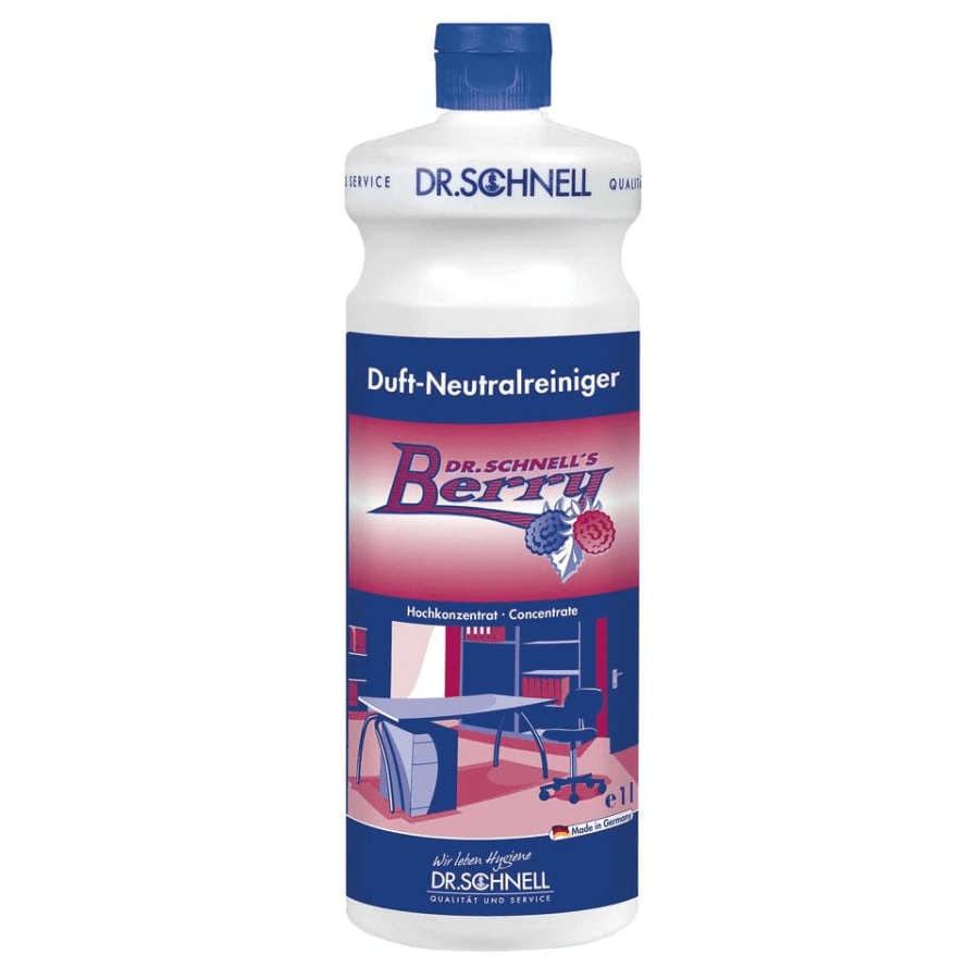 The white bottle of Dr. Schnell DR.SCHNELL'S BERRY from DR.SCHNELL GmbH & Co. KGaA with a blue cap and label, berry graphic, and berry scent emphasizes its suitability for cleaning office and indoor spaces.