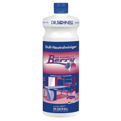 The white bottle of Dr. Schnell DR.SCHNELL'S BERRY from DR.SCHNELL GmbH & Co. KGaA with a blue cap and label, berry graphic, and berry scent emphasizes its suitability for cleaning office and indoor spaces.