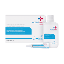The Schülke octenisan® set from Schülke & Mayr GmbH includes a wash lotion and nasal gel (2-piece) in blue-white packaging with multilingual information - ideal for preoperative decontamination. 1 package (set).