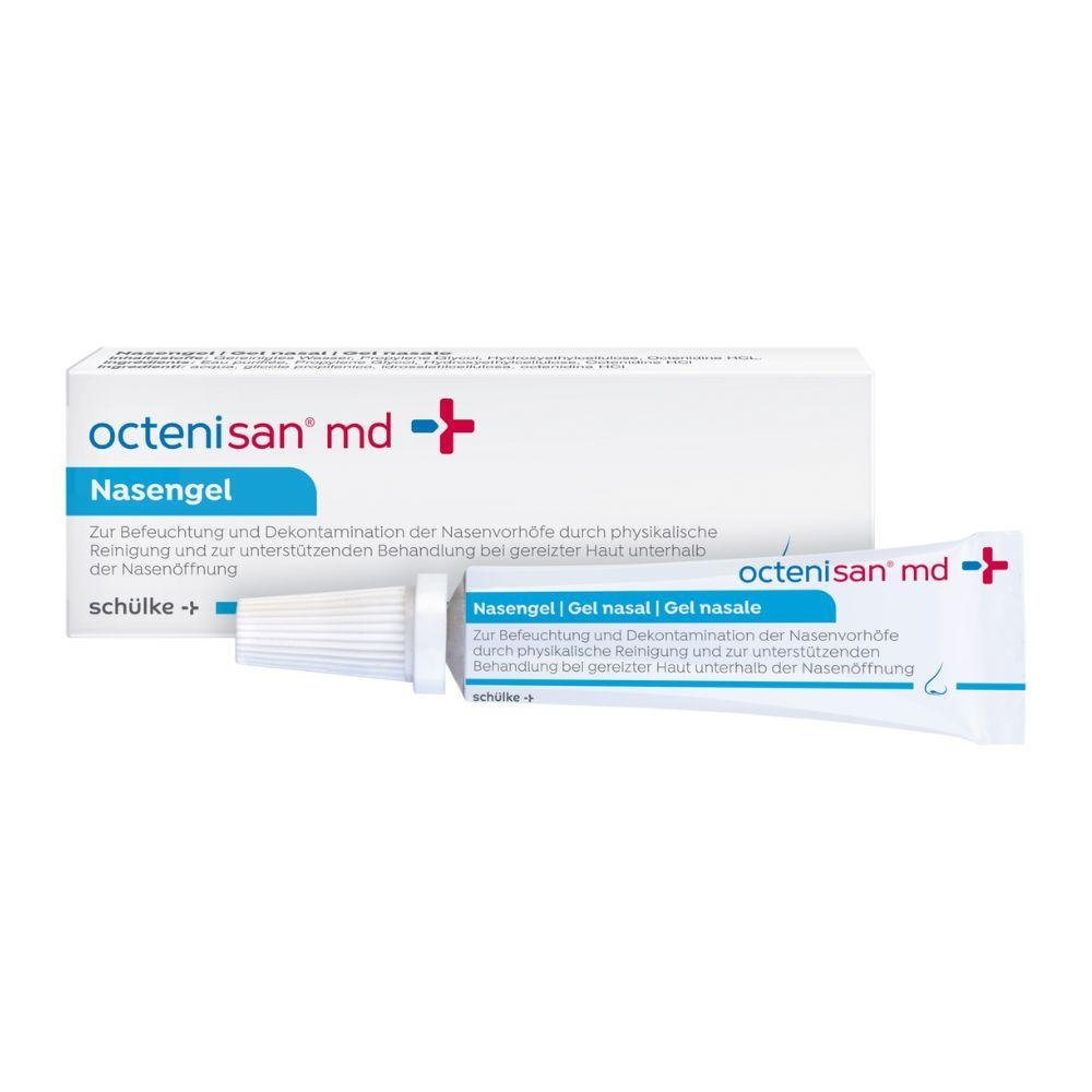 Pictured is a Schülke Octenisan® md nasal gel tube (6 ml) from Schülke & Mayr GmbH with packaging. Both tubes feature blue-red text, German descriptions, and a medical cross symbol indicating its use for nasal vestibule disinfection. The tube has a white cap.