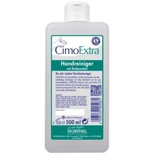 A white 500 ml bottle Dr. Schnell CIMOEXTRA dispenser bottles skin cleansing from DR.SCHNELL GmbH & Co. KGaA, with flip-top closure, blue and green lettering, barcode on the front, and predominantly German labeling for skin-friendly cleansing.