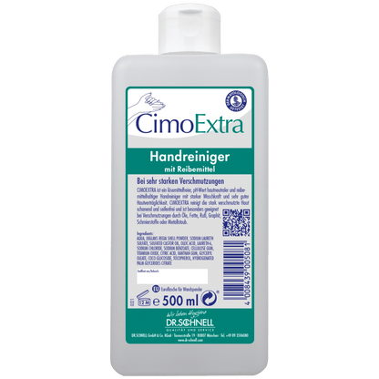 A white 500 ml bottle Dr. Schnell CIMOEXTRA dispenser bottles skin cleansing from DR.SCHNELL GmbH & Co. KGaA, with flip-top closure, blue and green lettering, barcode on the front, and predominantly German labeling for skin-friendly cleansing.