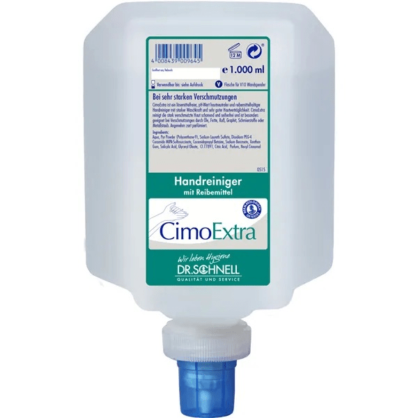 A 1,000 ml Dr. Schnell CIMOEXTRA dispenser bottles skin cleansing with abrasive from DR.SCHNELL GmbH & Co. KGaA, with blue dispenser closure and green-white label with product and brand information.