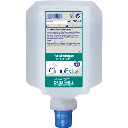A 1,000 ml Dr. Schnell CIMOEXTRA dispenser bottles skin cleansing with abrasive from DR.SCHNELL GmbH & Co. KGaA, with blue dispenser closure and green-white label with product and brand information.