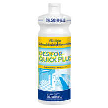 A white 1L bottle of DR.SCHNELL GmbH & Co. KGaA DESIFOR-QUICK PLUS surface disinfectant, a limited virucidal medical product, with a yellow-blue label and white cap - ideal for hygienic cleaning and limited virucidal protection.