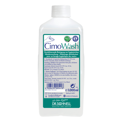 The 1,000 ml bottle Dr. Schnell CIMOWASH Antimicrobial Wash Lotion by DR.SCHNELL GmbH & Co. KGaA with a white cap and a detailed, multilingual label for gentle cleansing and skin protection.