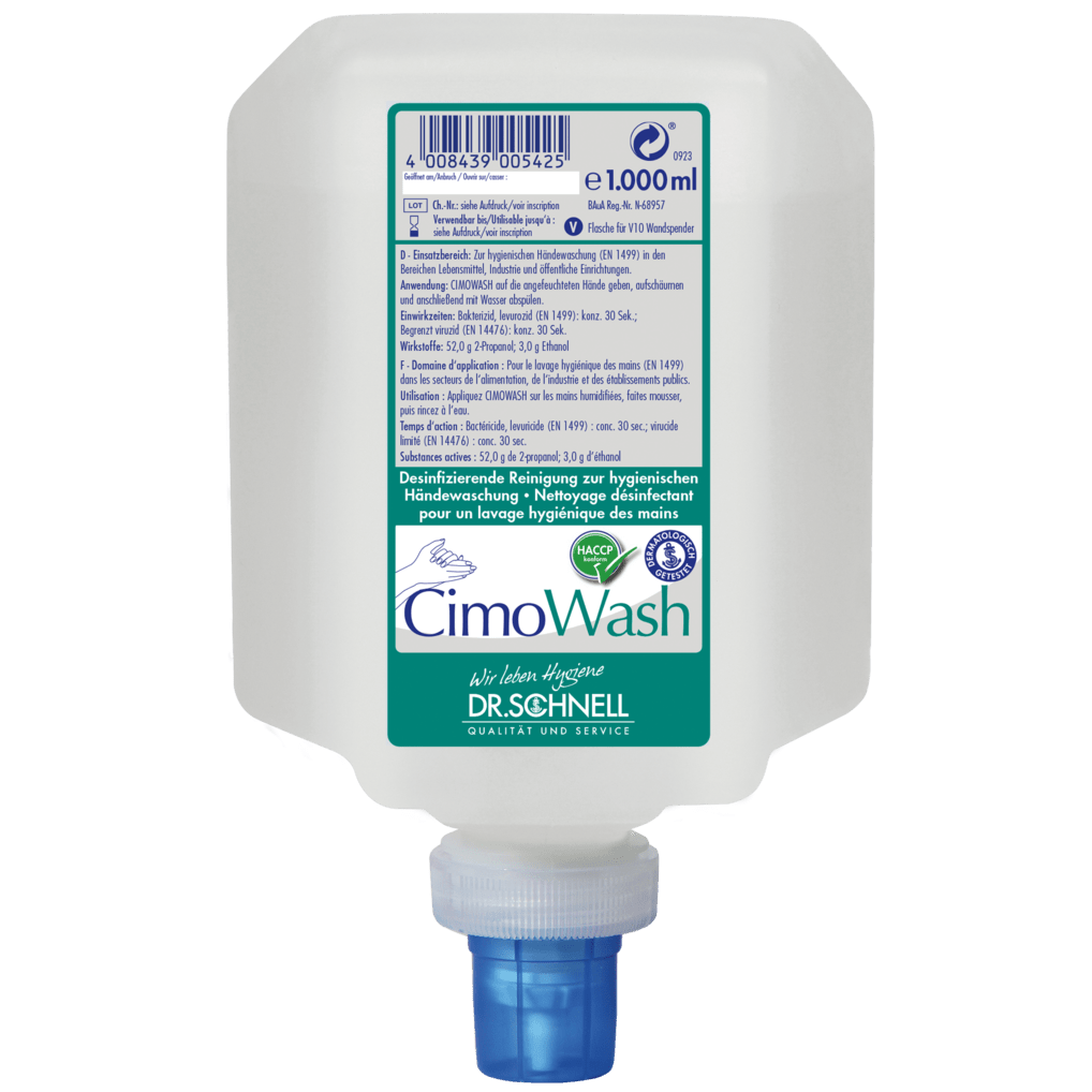 A white plastic container with 1,000 ml of Dr. Schnell CIMOWASH Antimicrobial Wash Lotion from DR.SCHNELL GmbH & Co. KGaA, with a blue cap and a green-white label with multilingual instructions for use.