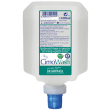 A white plastic container with 1,000 ml of Dr. Schnell CIMOWASH Antimicrobial Wash Lotion from DR.SCHNELL GmbH & Co. KGaA, with a blue cap and a green-white label with multilingual instructions for use.