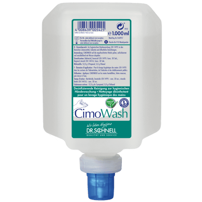 A white plastic container with 1,000 ml of Dr. Schnell CIMOWASH Antimicrobial Wash Lotion from DR.SCHNELL GmbH & Co. KGaA, with a blue cap and a green-white label with multilingual instructions for use.