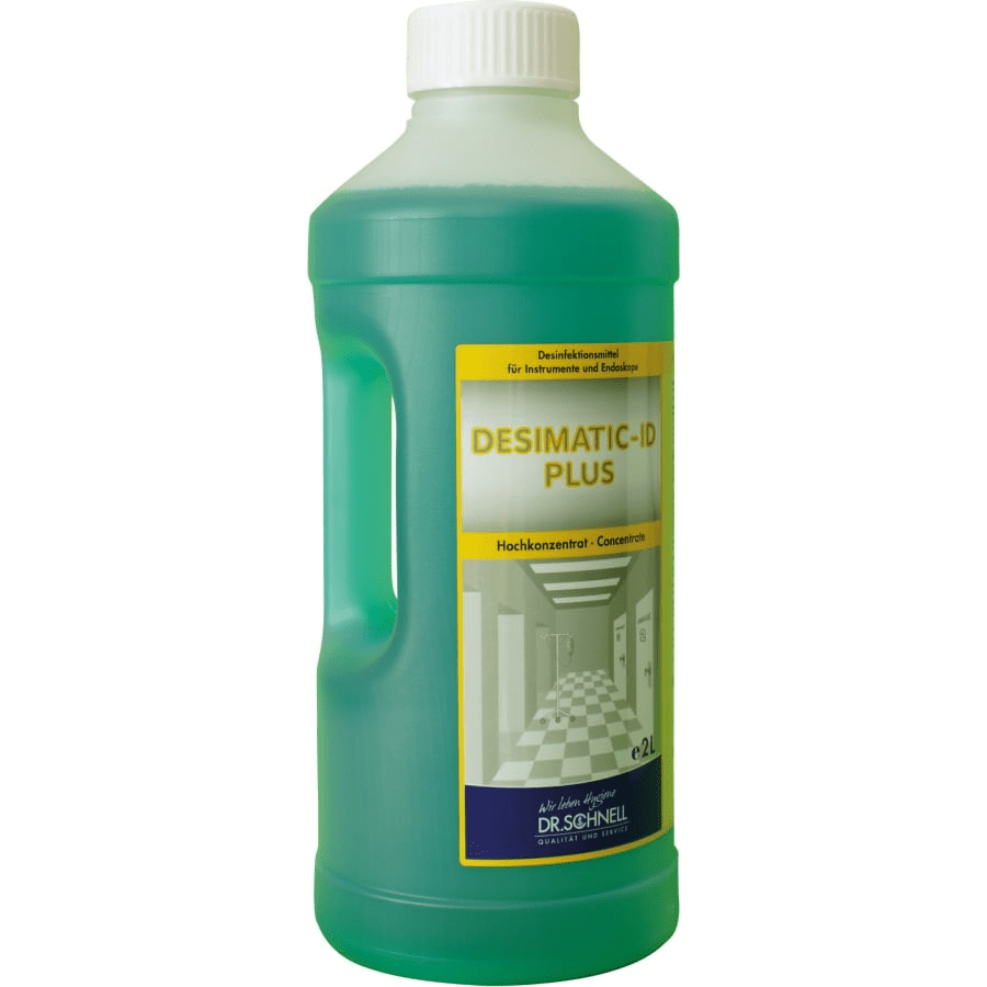 A green 2L plastic bottle with a white cap contains Dr. Schnell DESIMATIC-ID PLUS disinfectant for instruments from DR.SCHNELL GmbH & Co. KGaA; the label shows product information and the image of a clean, empty corridor.